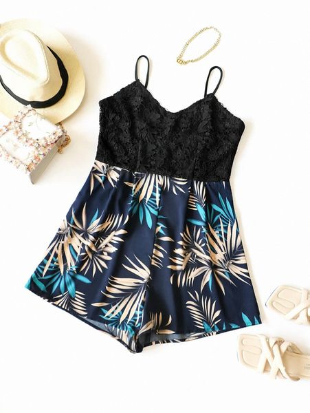 

plus contrast guipure lace tropical print cami romper g8jt#, Black