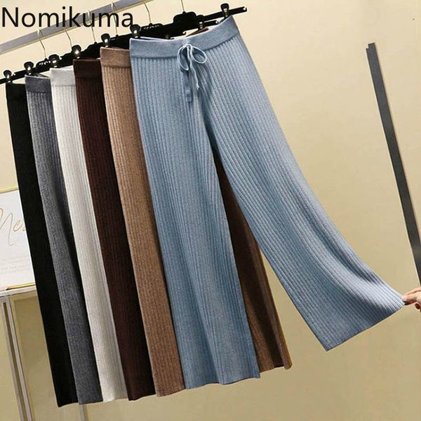 Nomikuma Gestrickte Breite Bein Hosen Frauen Einfarbig Casual Lose Hohe Taille Spitze Up Gerade Hosen Koreanische Pantalones 3d077 210514