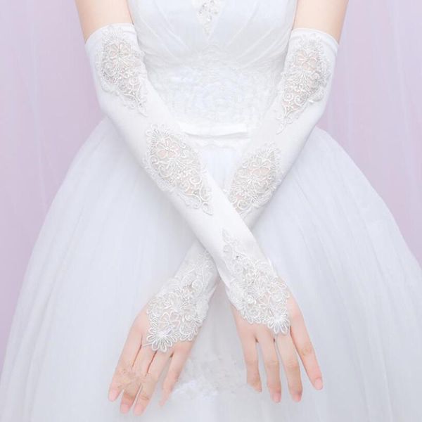 

bridal gloves 2021 opera length sheer lace satin long wedding for bride ivory dance women, White