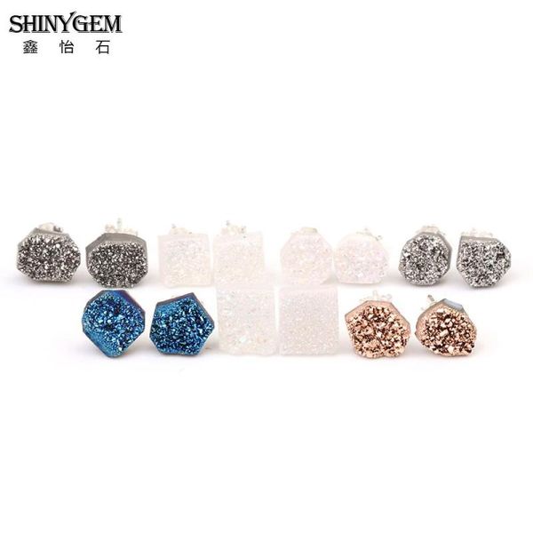 

shinygem small natural stone earring solid real crystal druzy silver color stud irregular opal earrings for women, Golden;silver