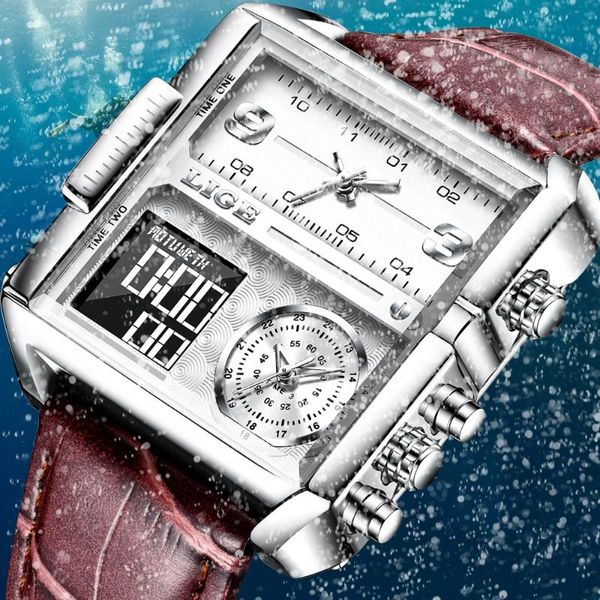 

wristwatches lige fashion creative mens watches military sport brown leather watch for men waterproof date clock male, Slivery;brown