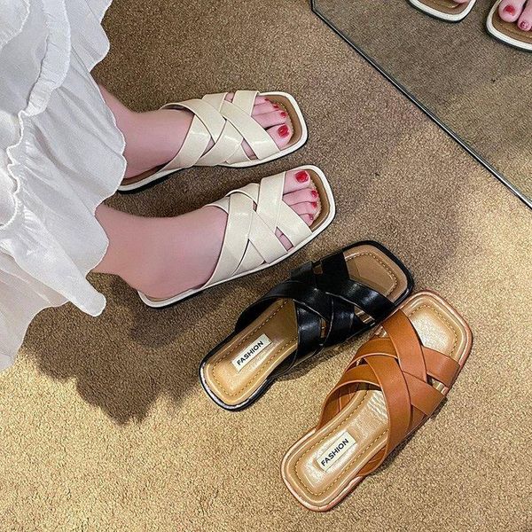 

slippers female shoes women summer square toe slides fashion low 2021 flat luxury fabric rubber hoof heels rome pu basic, Black