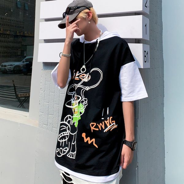 

t shirt summer fashion brand loose hooded short sleeve, White;black