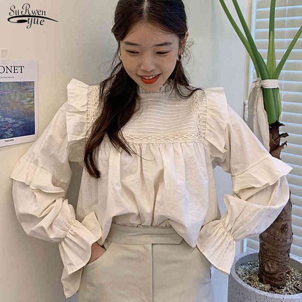 

autumn pullover women blouses office lady stand collar loose pleated ruffles stitching long sleeve shirt blusas12423 210508, White