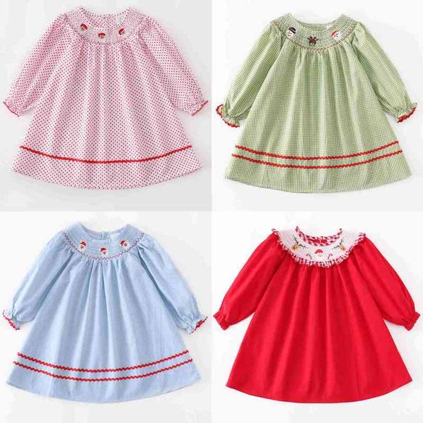 

girlymax christmas 2 colors baby girls smock dots santa claus deer snowman woven dress kids clothing ruffles boutique aa220303, Red;yellow