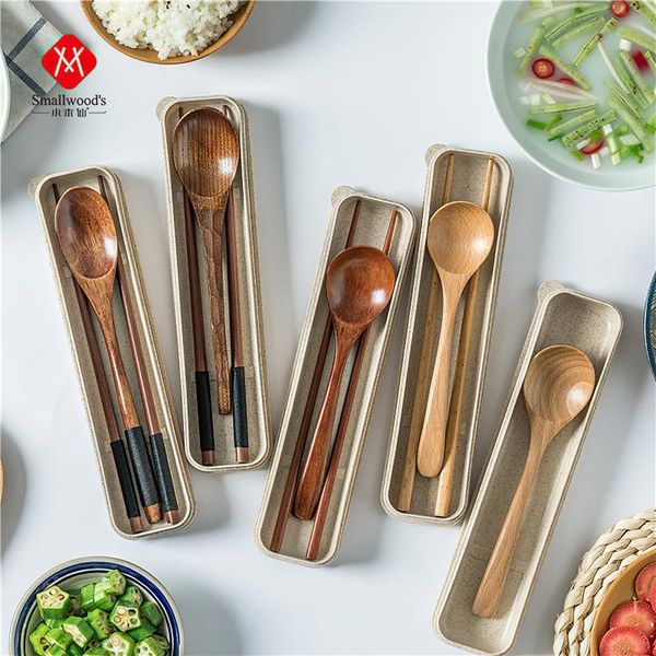 

3-piece solid wood tableware set environmental protection spoon portable student outdoor household kitchen supplies dinnerware sets
