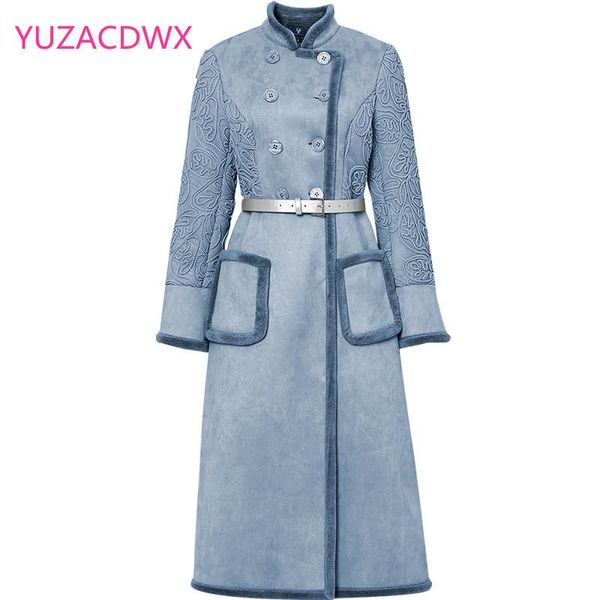 

women's trench coats high-end winter women vintage thick suede jacket casual lace splicing pockets biker coat female warm long windbrea, Tan;black