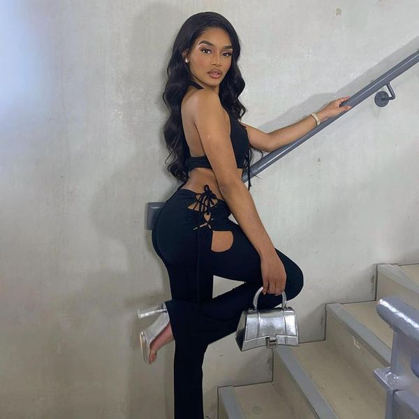 

women pants black trousers stretch comfortable casual string strap hollow out flared spring summer women's & capris, Black;white