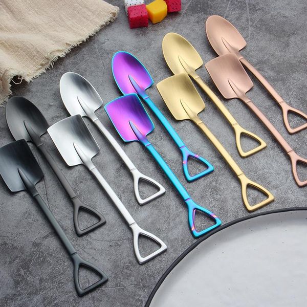 

creative stainless steel shovel coffee spoon ice cream dessert spoons round square head bar kitchen gadget flatware tea-spoon