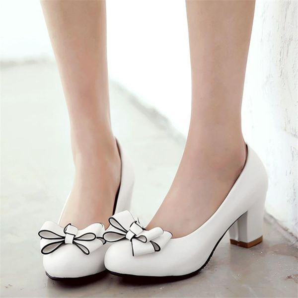 

dress shoes block heels pumps women 2021 spring high heel bow work ladies office fasshion black white pink big size