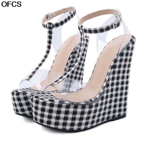 

sandals women pvc grid platform wedges summer transparent pumps high heels female shoes m9b6, Black