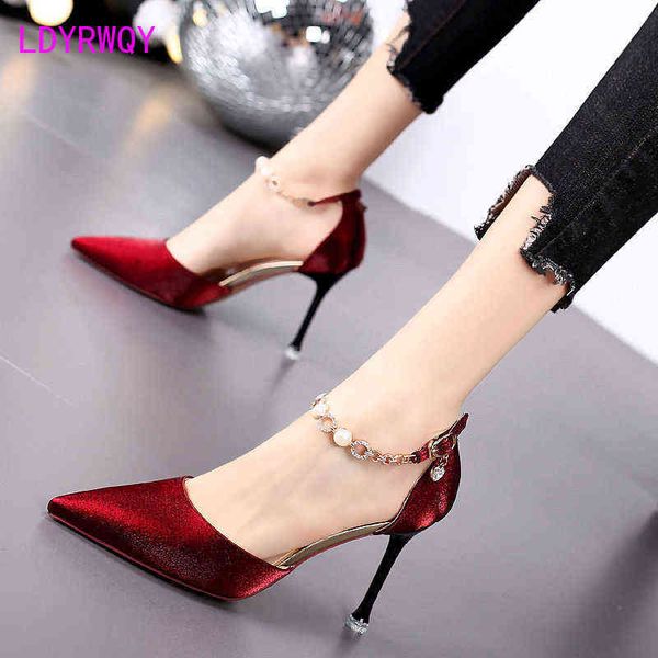 

one word belt single shoes autumn 2021 new women's shoes red temperament pointed high heels women y220225, Black