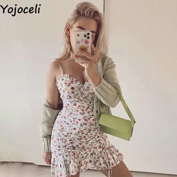 

yojoceli strap floral print pleated dress women summer casual ruffle short female beach daily fitness cool sundress dresses, Black;gray