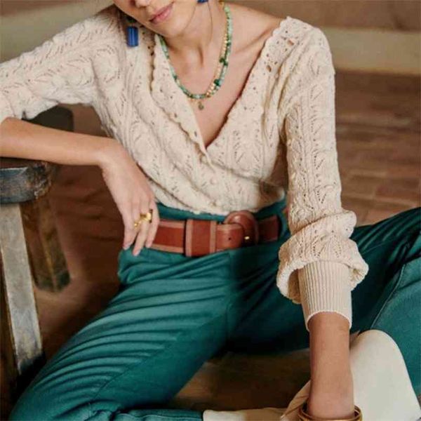 

women's single breasted knit sweater hollow out long sleeve vintage cardigan spring 210914, White;black