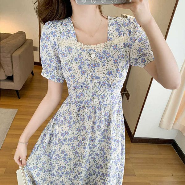 

sleeve small bubble medium length dress women's 2021 summer french sweet waist skirt floral dress, Black;gray