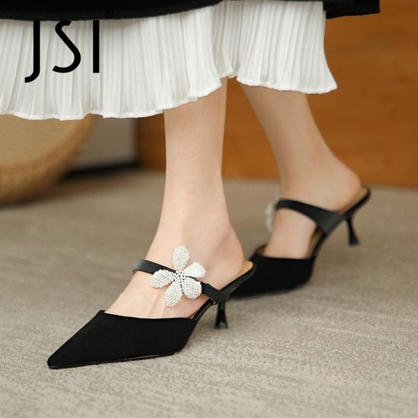 

sandals jsi summer women shoes kid suede thin heels elegant style flower sweet dressing pointed toe slingback 2021 vo152, Black