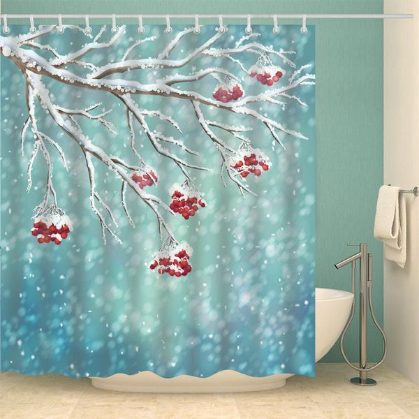 

red berry tree in winter shower curtain set with 12 hooks natural plants bathroom decoration washable polyester fabric curtains