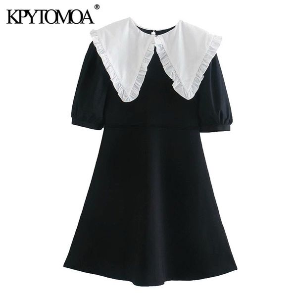 

kpytomoa women sweet fashion patchwork knitted mini dress vintage peter pan collar short sleeve female dresses vestidos 210323, Black;gray