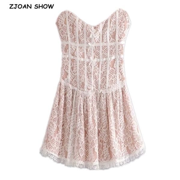 

strapless women lace dress bow front v neck fit and flare party mini dresses with lining 210429, Black;gray