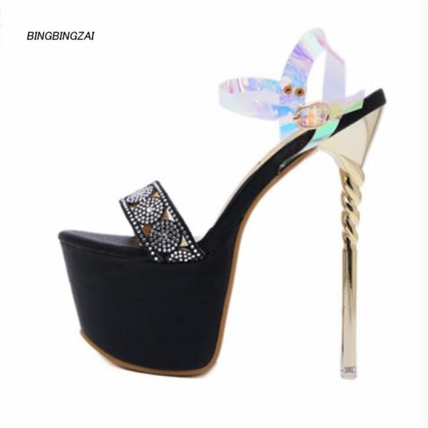 

pattern superior quality sandals super high heel ladies shoes 17cm thin heels fashion show nightclub 35-42 43, Black