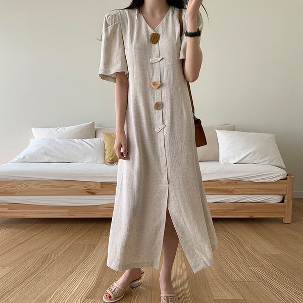 

matakawa hepburn style robe femme loose casual long dresses summer v-neck women dress chic single-breasted vestido 210513, Black;gray