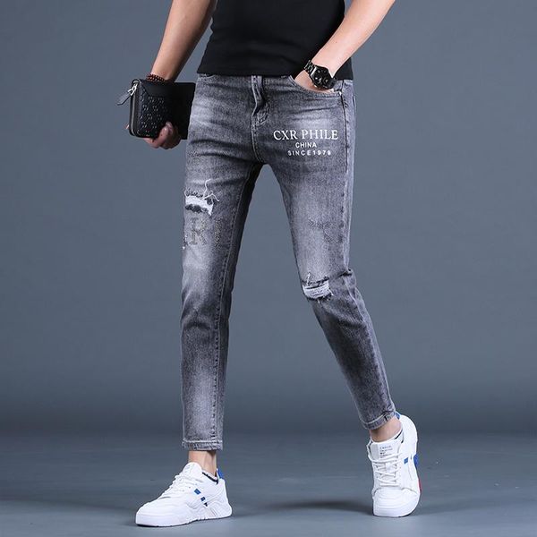 

men's jeans summer men ripped fashion letter printed slim fit ankle-length pants streetwear casual mens dark gray denim trousers, Blue