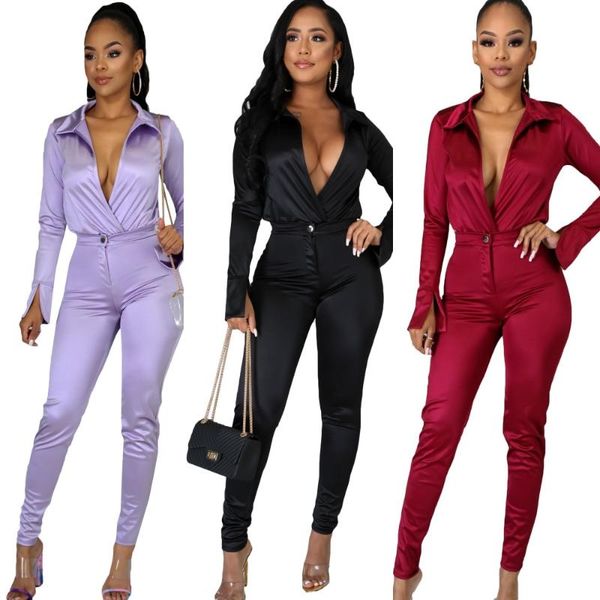 

women's two piece pants s-2xl satin women elegant lapel long sleeve lounge wear pencil set ladies clothing 2pcs wholesale drop, White