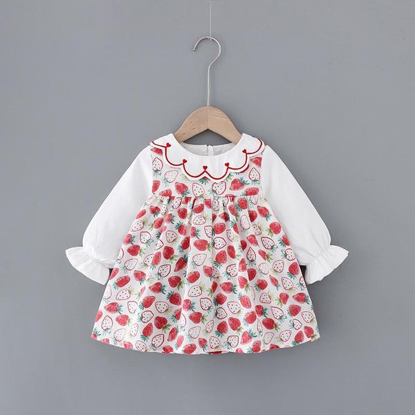 Abiti da ragazza Primavera Neonate Cute Strawberry Tutu Sweet Petal Collar Neonati Maniche lunghe Abito da principessa Bambini Stampa Cotone Modello completo