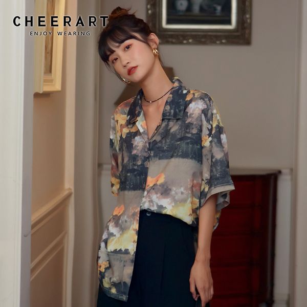 

tie dye floral print short sleeve shirt summer for women loose button up collared casual korean blouse 210427, White
