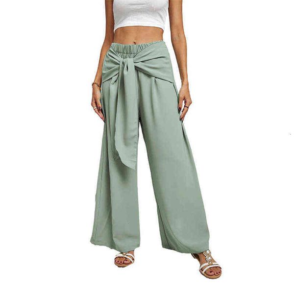 

shiying casual pants women 2021 summer solid color high waist lace up loose straight, Blue