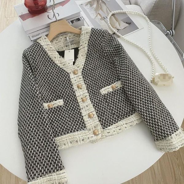 

women's jackets woman vintage jacket coat 2021 autumn office lady fashion design french plaid tweed patchwork single breasted outwear, Black;brown