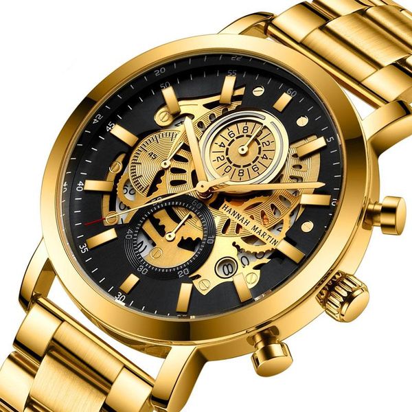

wristwatches 2021 multifunctional men's calendar watch hollow quartz black gold business waterproof steel band wrist chronograph box, Slivery;brown