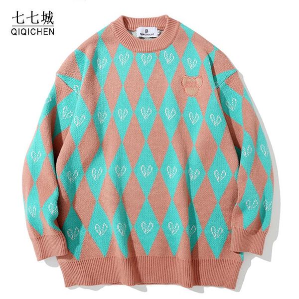 

men's sweaters vintage knitted men women diamond streetwear hip hop jumper pullover loose knitwear sweater 2021 winter unisex, White;black
