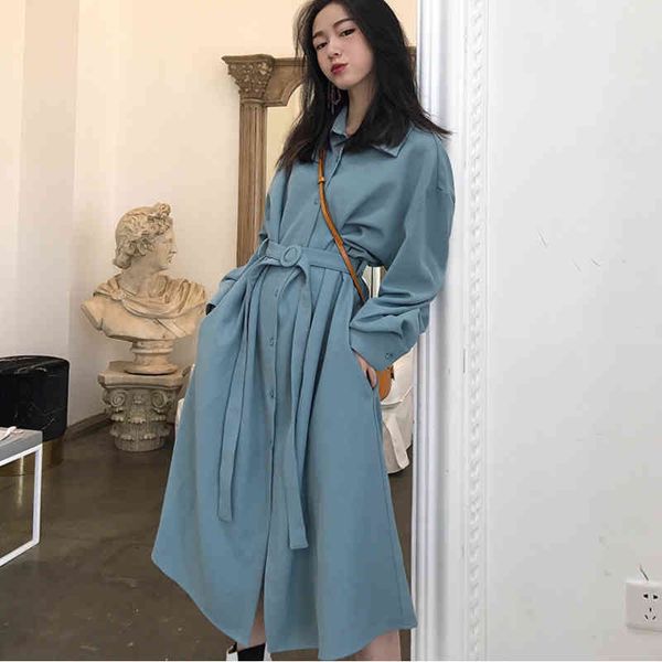 

women's jackets dress vintage single-breasted long sleeve sashes loose casual shirt 2021 spring wpmm, Black;brown