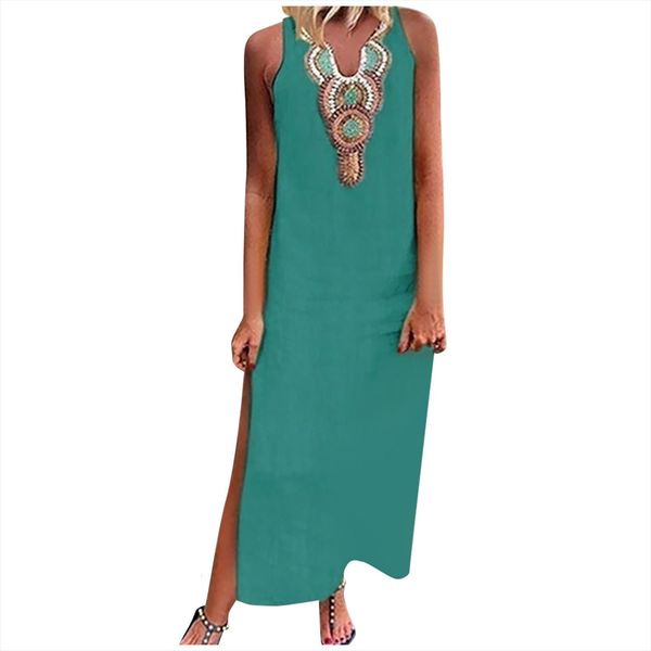 

maxi printed sleeveless v neck womens dress split hem baggy kaftan long beach vestidos de mujer casual, Black;gray