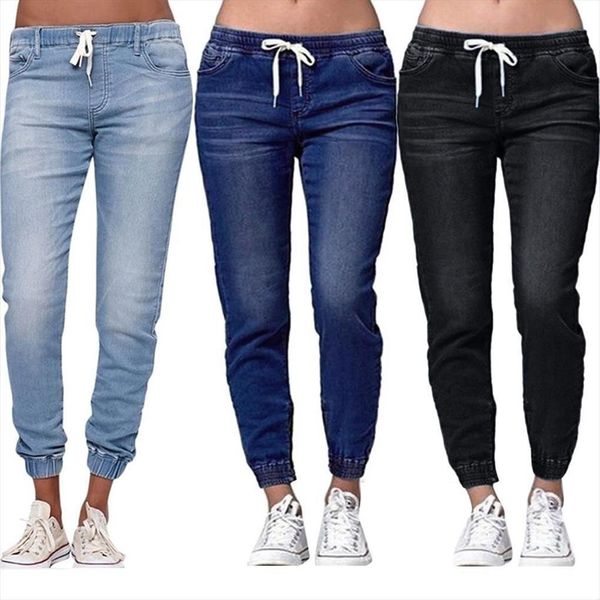 

casual plus size drawstring women jeans elastic waist loose denim long pants, Blue