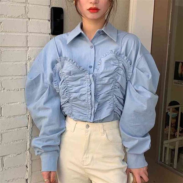

spring temperament blouse female lapel single-breasted pleated blusa loose bubble sleeve fake two-piece shirt c315 210507, White
