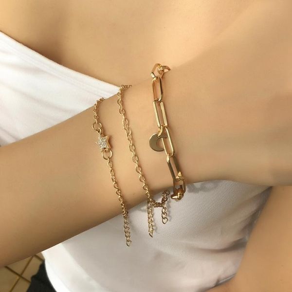 

link, chain fashion bracelet women 's three-piece set cuban personality star and moon pendant rhinestone-encrusted, Black
