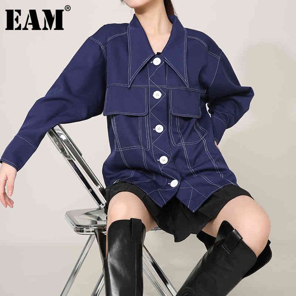 

[eam] women white line big pockets denim blouse lapel long sleeve loose fit shirt fashion spring autumn 1dd308905 210512