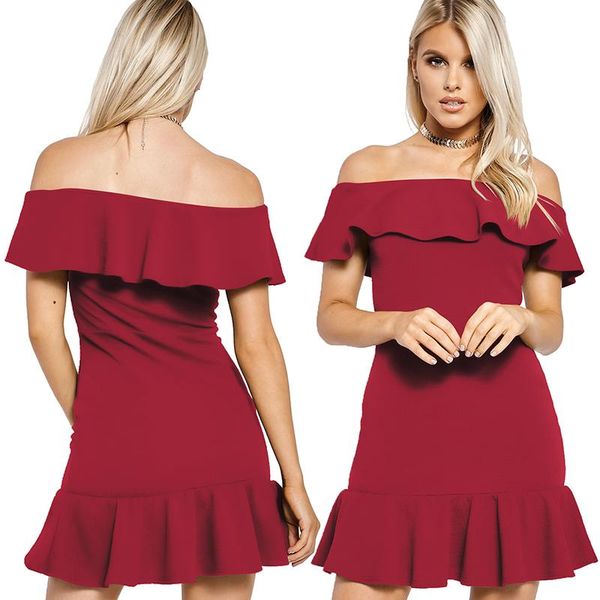 

casual dresses elegant women slim dress slash neck off shoulder ruffles mini office lady party summer, Black;gray