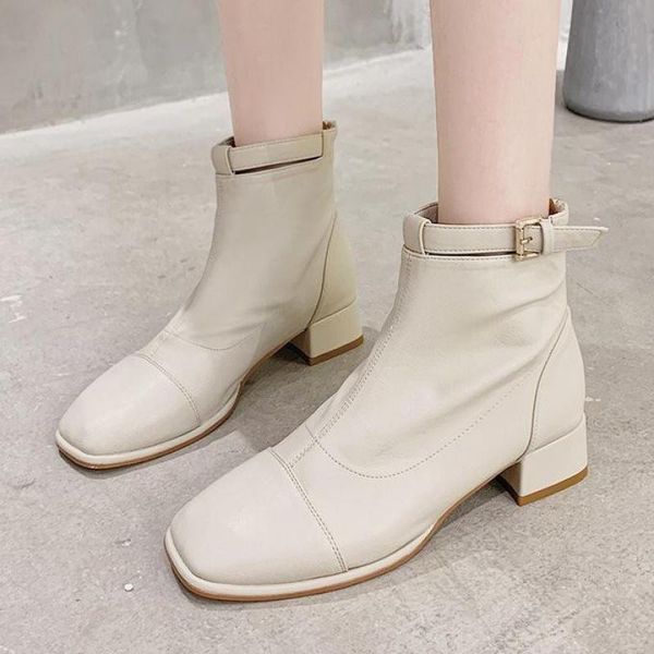 

boots 2021 ankle women spring winter elegant square high heels shoes female zip buckle heel, Black