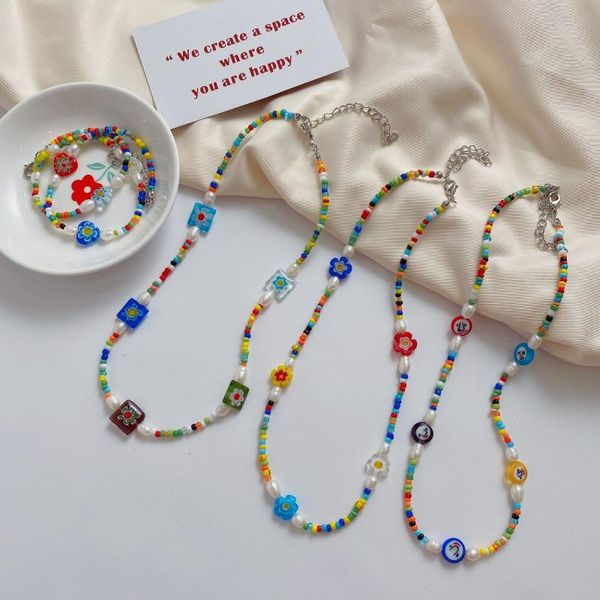 

chains fashionable temperament cute colored glass freshwater round beads colorful necklace flower beaded, Silver