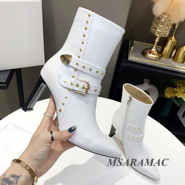 

boots autumn white pointed toe buckle rivet square heel ankle genuine leather women's side zipper high, Black