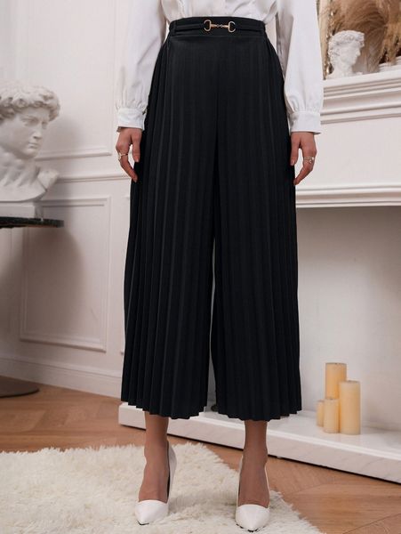 

pleated high waist wide leg pants u3qf#, Black;white