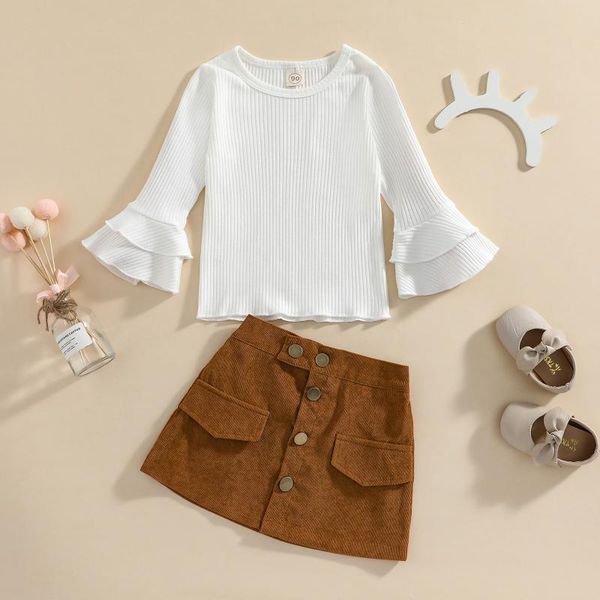 

clothing sets autumn 2pcs baby girls knitting toddlers long ruffle sleeve round neck sweater pullovers a-lined skirt outfits, White
