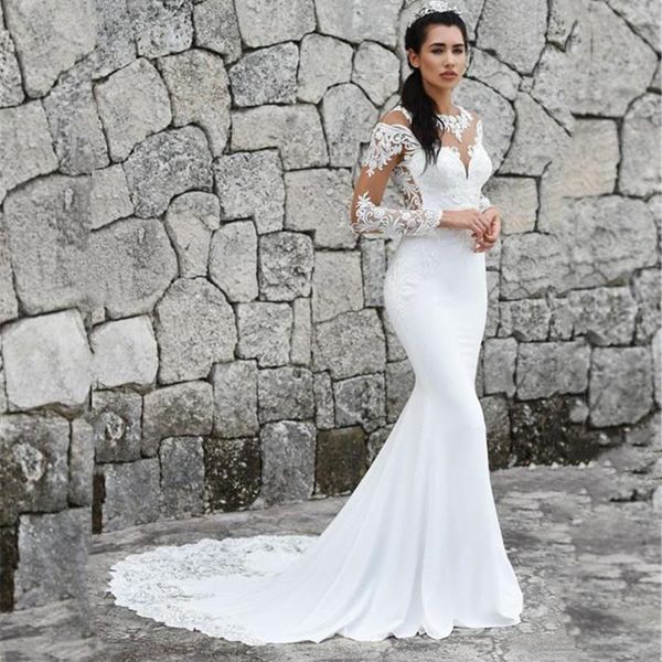 

other wedding dresses elegant mermaid dress long sleeves lace applique bride gowns illusion o-neck vestidos de noiva court train 2021, White