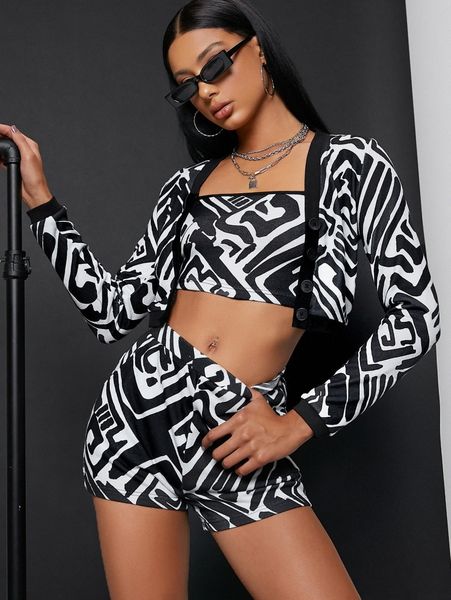 

allover print crop cami & shorts & coat a7cp#, White