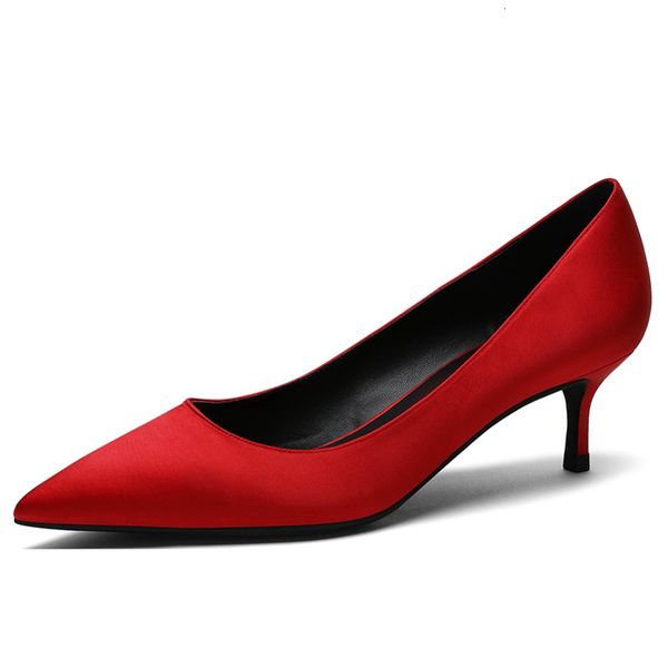 

sandals woman big size thin high heels pointed toe silk red wedding pumps solid elegant slip on party shoes 5cm heel women m0, Black