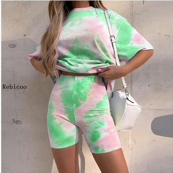 

two piece tie dye womens pants printed vest t shirt set casual wear sports style cycling shorts, White