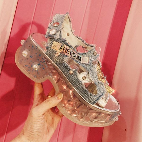 

luxury designer bling rhinestone wedge sandals female 2021 summer denim sneaker thick-soled hollow platform shoes sandales, Black